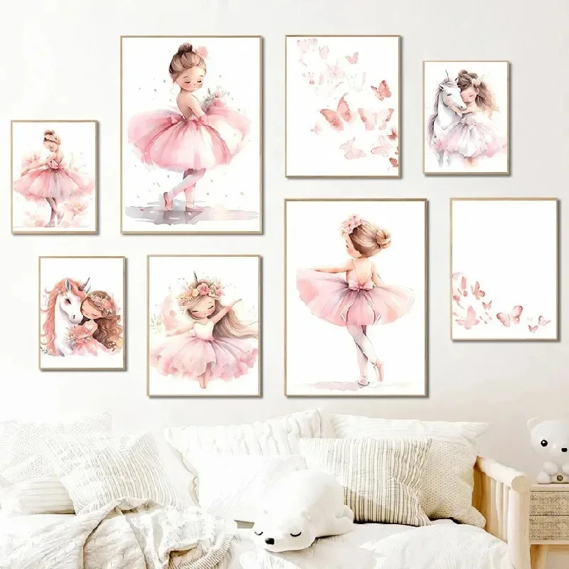 Baby Nursery Girl Room - Розовый постер с балериной, единорогом и