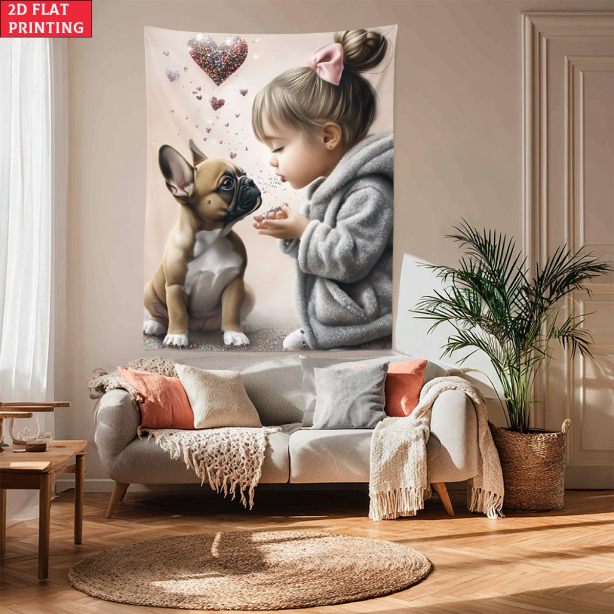 Baby Nursery Girl Room - Девушка с французским бульдогом, щенок, сердце,