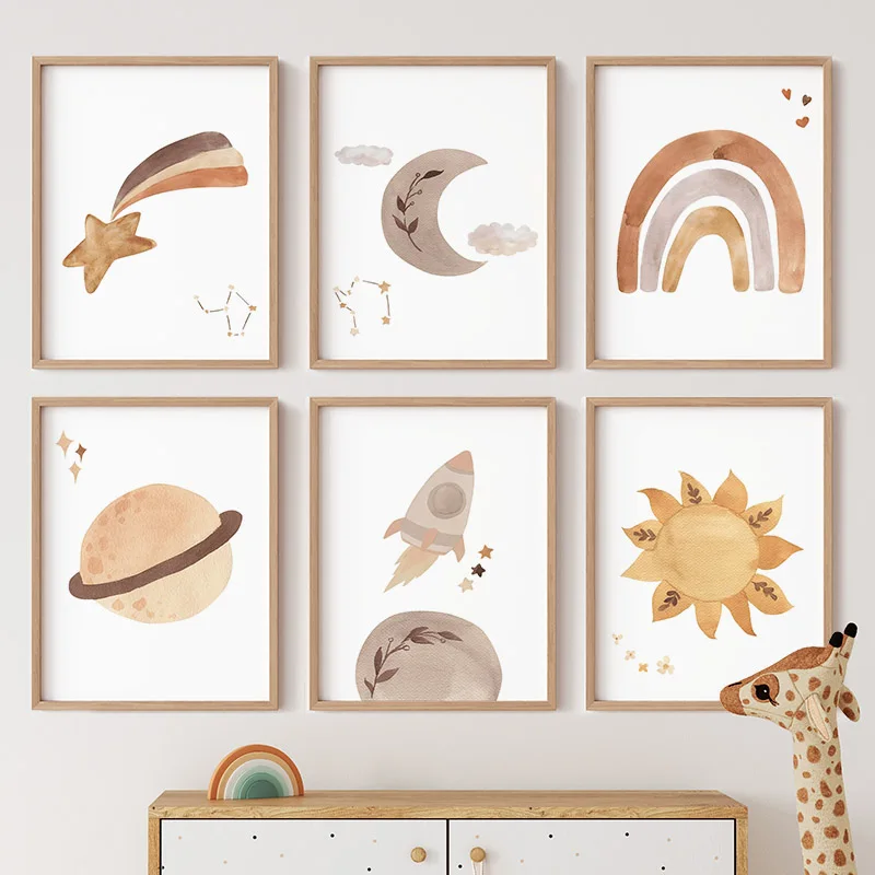 Baby Nursery Murals - Акварельные постеры с радугой, солнцем, луной,