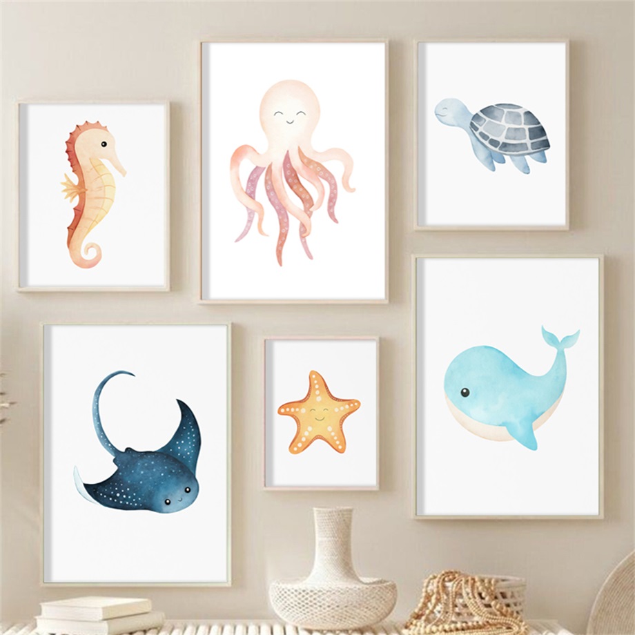 Baby Nursery Murals - Акварельные постеры с изображением морских лошадок,